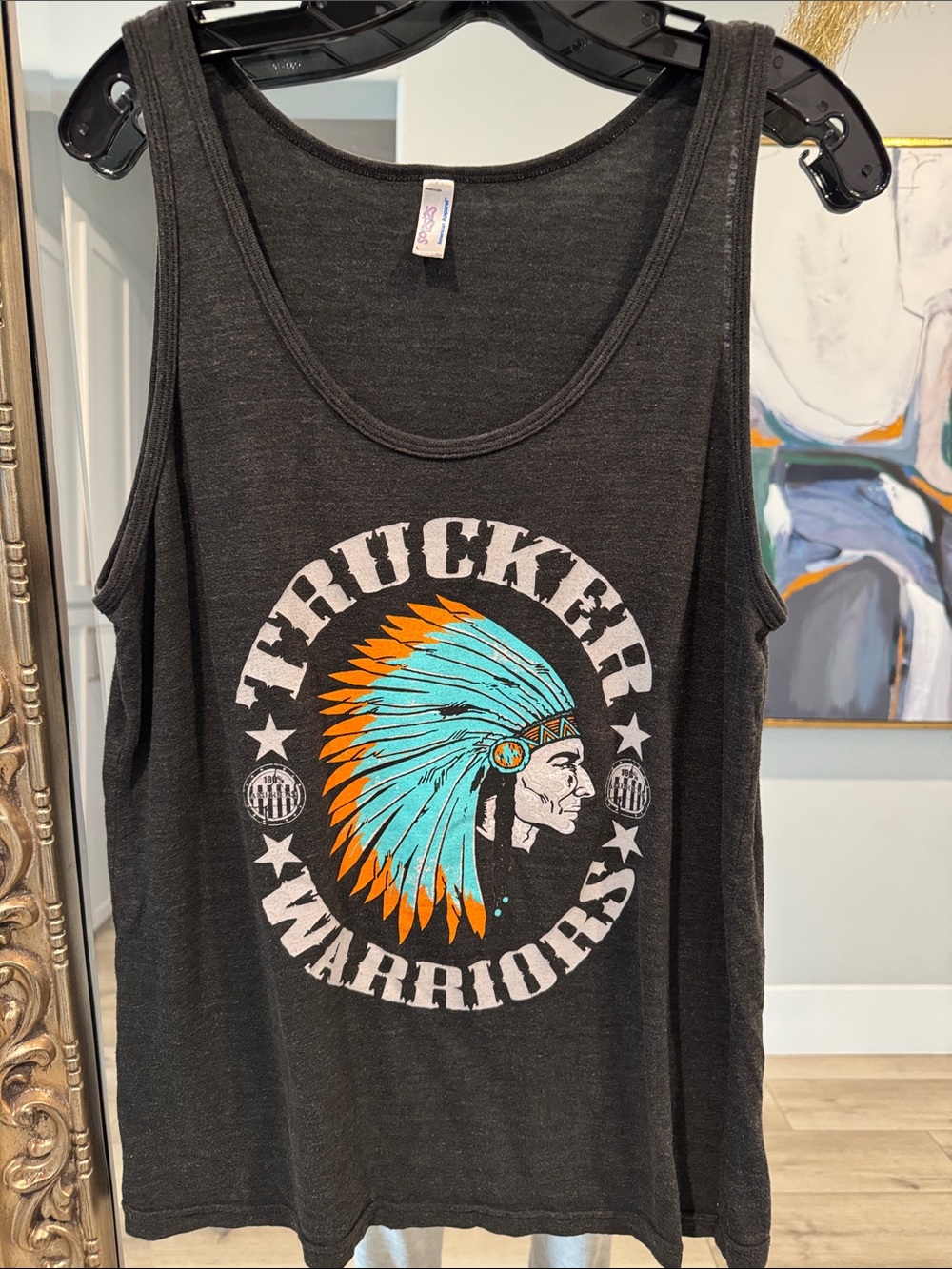 American Apparel Black Tank with Turquoise and Orange Headdress Graphic